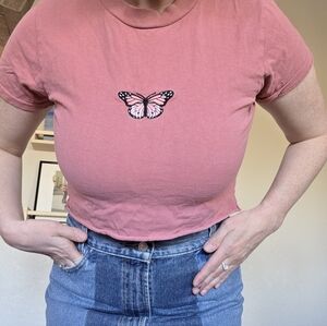 Brandy Melville Pink Butterfly Graphic Crop Tee